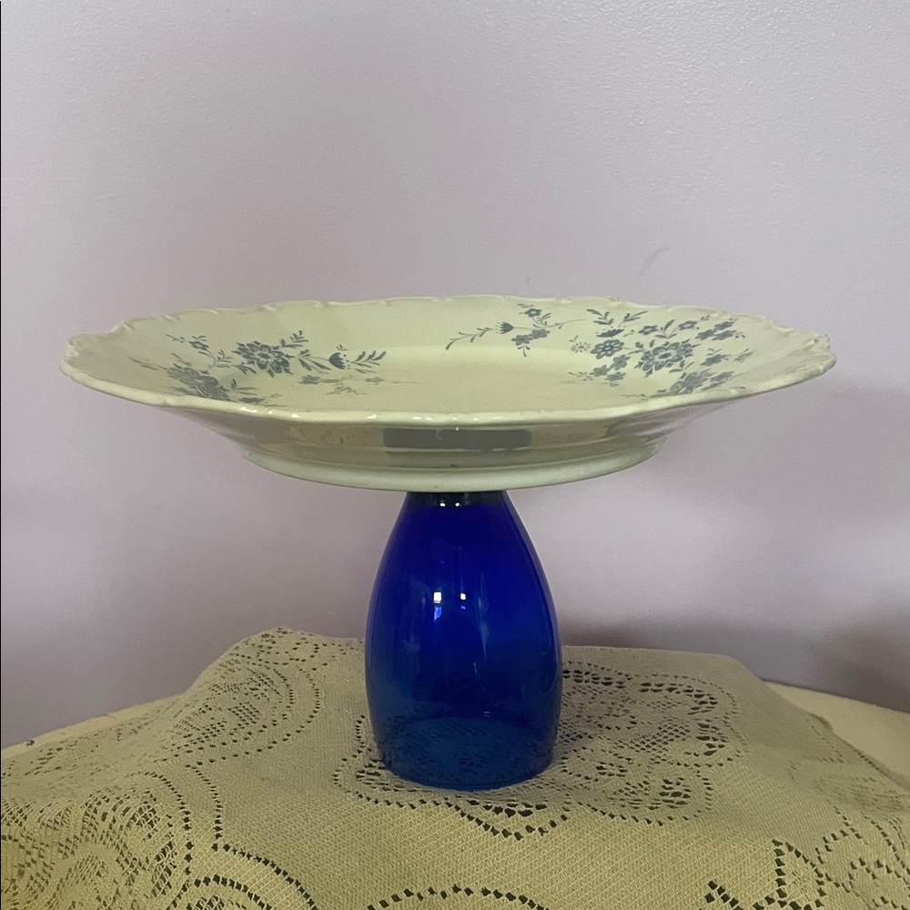 Blue Glass Pedestal with White Floral Plate - serving tray - cake platter
